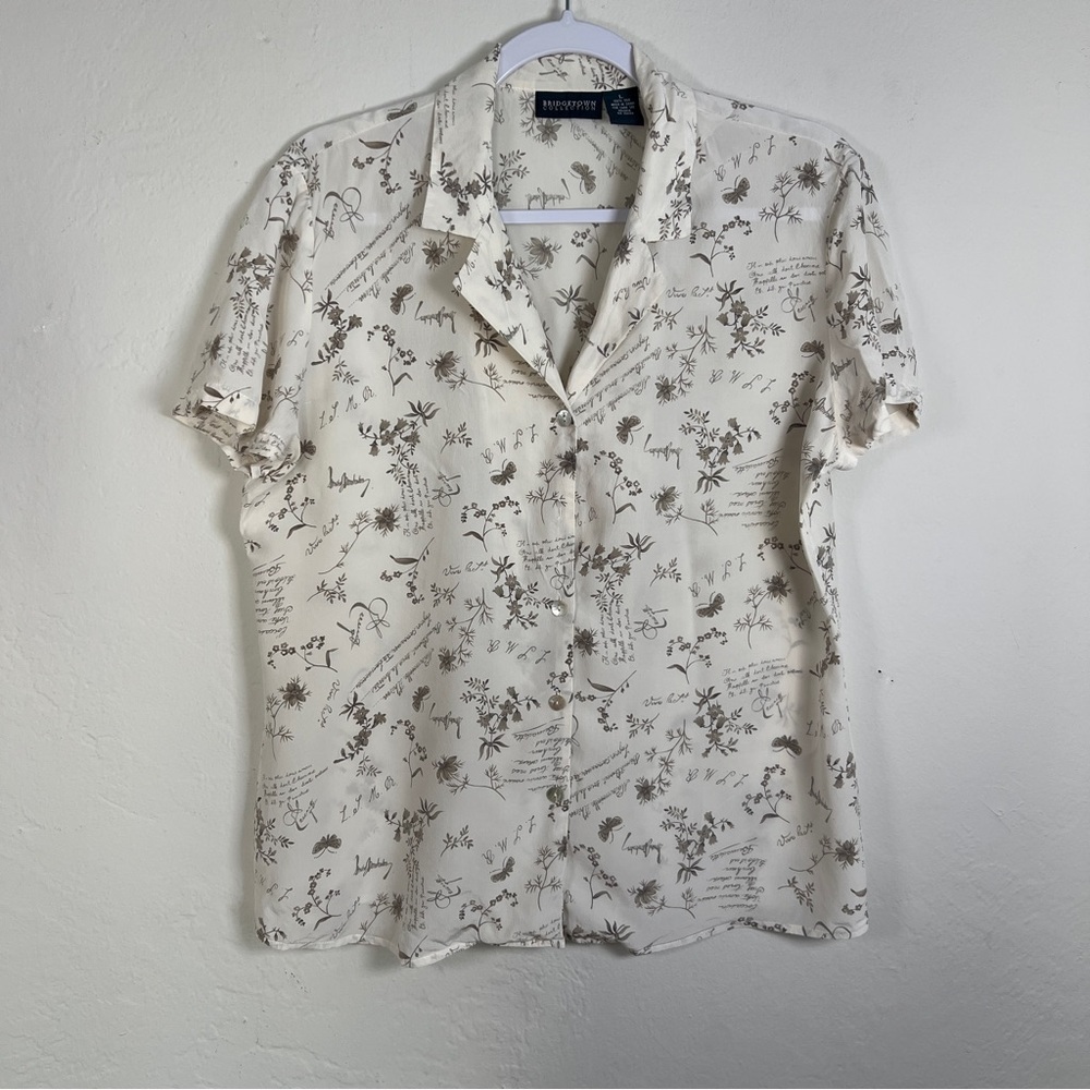 Silk Blouse Size Large Cream and Floral Print Cottage Button Down Short Sleeve